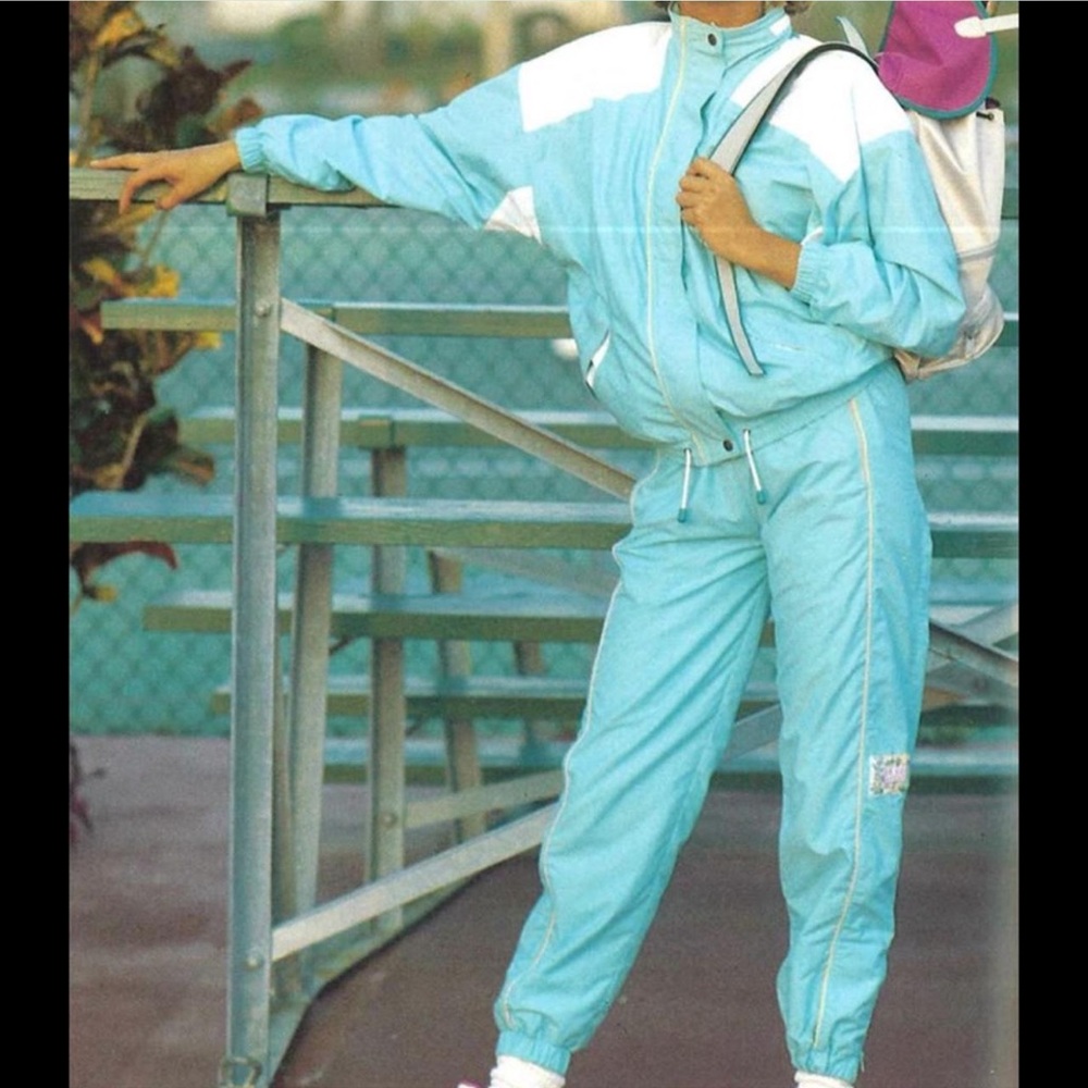 Vintage Le Coq Sportif Light Blue and White Track Suit